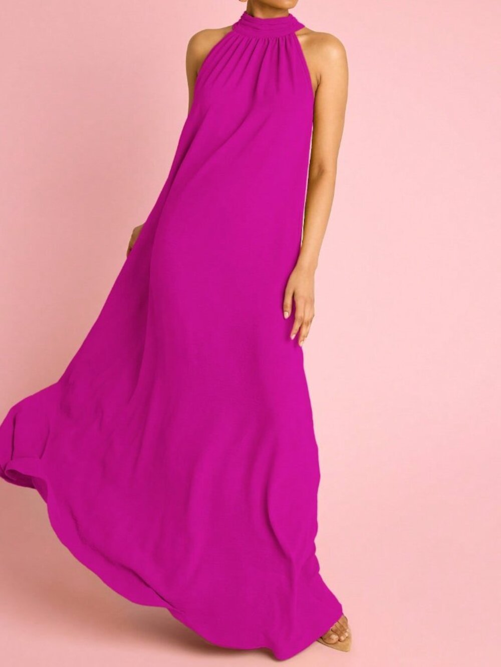 Hot Pink Elegant Boho Women's Halterneck Flowing Trapeze Maxi Dress - Picture 3 of 6